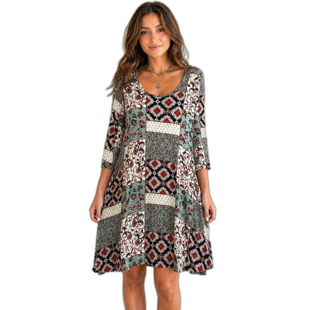 Vanity Boho Patchwork Paisley Dress Teal Red Stretch Mini Juniors Medium